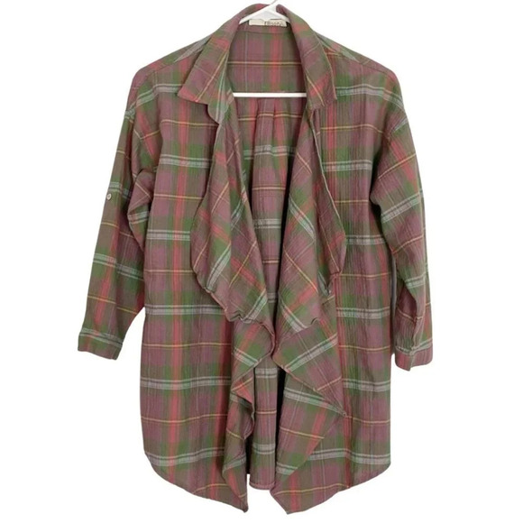 Ellison Plaid Draped Front Half Sleeve Cardigan Blouse Size Small Oversized - Picture 1 of 9